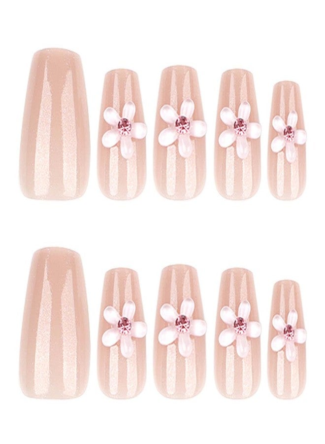 Foccna Press On Nails - Medium Rhinestone Pink & White Square Bling Glossy 3D Flower False Nails - 24pcs - Image 3